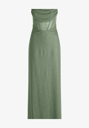 Langes, figurbetontes Abendkleid aus glänzendem olivgrünem Stoff. Mit drapiertem Ausschnitt, strukturiertem Oberteil und eleganter Silhouette.