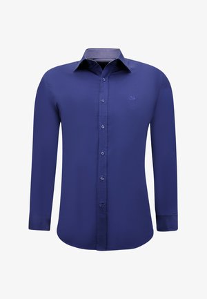 Overhemd met lange mouwen en knopen in diep marineblauw, met een effen textuur, puntkraag en een subtiel logo op de borst.