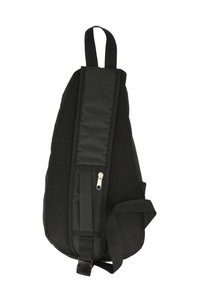 Borsa a tracolla nera realizzata in tessuto con pannelli in rete, dotata di una tasca con zip, tracolla regolabile e forma slanciata.