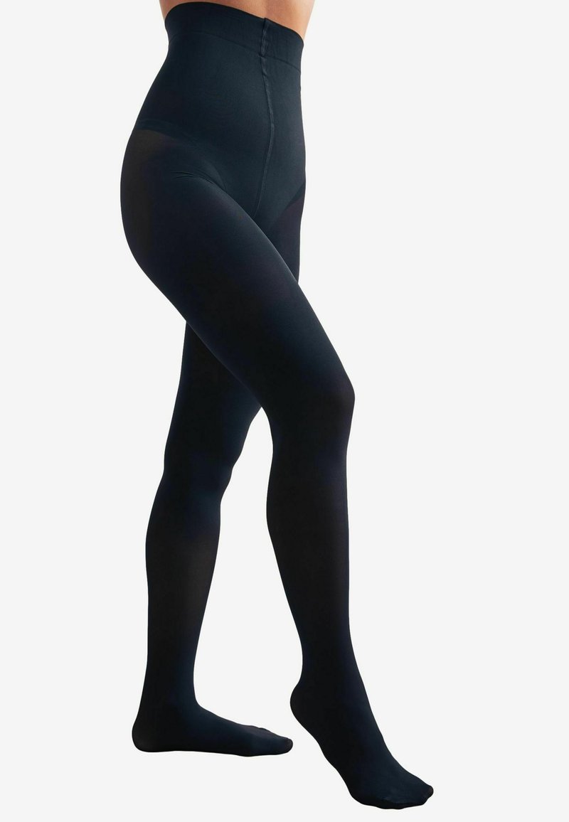 Hochtaillierte schwarze Strumpfhosen mit glatter Textur, undurchsichtigem Finish und nahtlosem Design, die von der Taille bis zu den Zehen reichen und vollständige Abdeckung bieten.