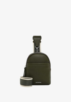 Žalia odinė kryžminė rankinė su tekstūruotu paviršiumi, užtrauktuko uždarymu, priekiu kišene ir reguliuojama austine juosta su geometriniu raštu.