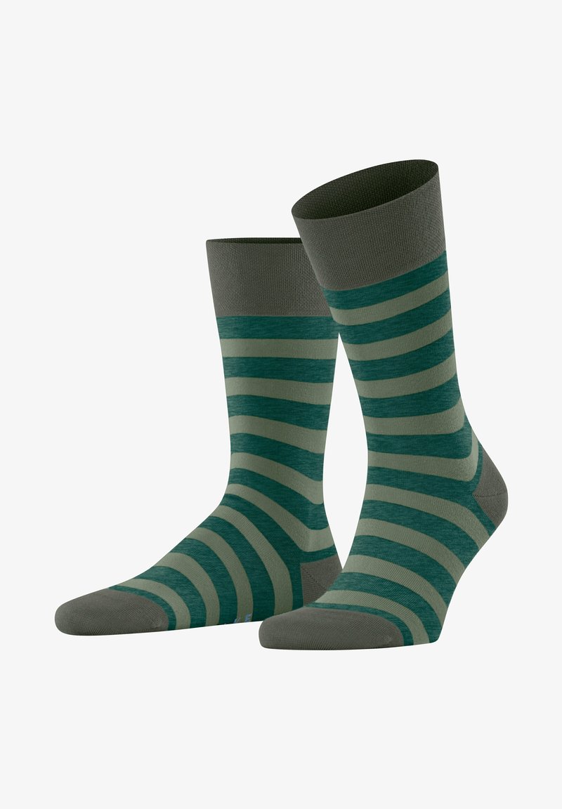 Green and gray striped socks with a ribbed cuff. Features wide horizontal stripes and a reinforced toe. Made from a soft, textured fabric.