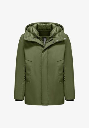 Giacca verde imbottita con cappuccio removibile, dotata di bottoni a pressione, due tasche frontali e polsini neri. Esteriore liscio con fodera trapuntata.