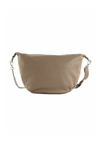 Sac en similicuir beige à forme douce et arrondie. Dispose d'une bandoulière chaîne détachable et d'une texture lisse avec peu de détails.