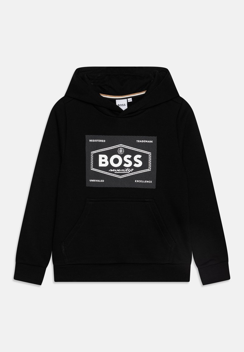 Hoodie noir en coton, avec une poche kangourou à l'avant, capuche avec cordon de serrage, et un imprimé graphique blanc avec l'étiquette "BOSS".