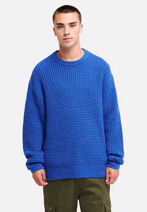 Junger Mann mit kurzen Haaren, der einen lockeren, strukturierten blauen Pullover und olivgrüne Hose trägt, steht vor einem schlichten Hintergrund.