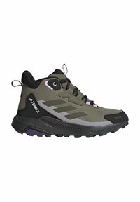Mid-cut hiking shoe in olive green with black accents, textured upper, reinforced toe, and rugged sole featuring purple details.