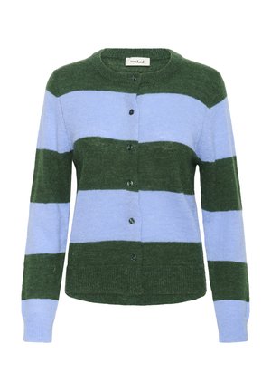 Cardigan cu dungi verzi și albastru deschis, cu gât rotund și închidere cu nasturi. Textură tricotată, croială lejeră și mâneci lungi.