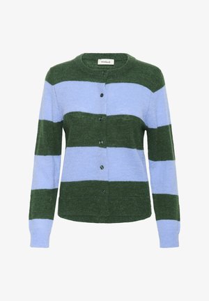 Grün- und hellblau gestreifte Strickjacke mit Rundhalsausschnitt und Knopfverschluss. Gestrickte Textur mit lockerem Sitz und langen Ärmeln.