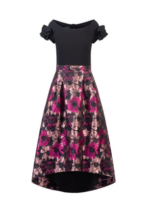 Schulterfreies Kleid mit kurzen, rüschierten Ärmeln, schwarzem Oberteil und einem Rock mit rosa Blumenmuster und asymmetrischem Saum. Strukturiertes Material.