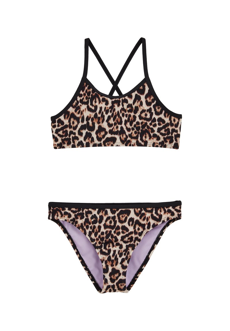 Zestaw bikini w panterkę z czarną lamówką. Góra ma krzyżujące się ramiączka; dół ma pasujący wzór i miękką fioletową podszewkę.