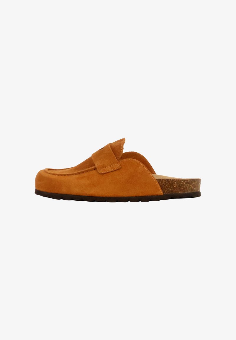 Suede slip-on clogs in warm orange with a round toe, featuring a velcro strap and a cork-like midsole, textured rubber outsole.