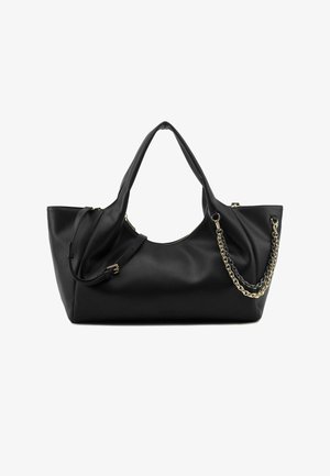 Borsa tote in pelle nera con doppi manici. Presenta una superficie texturizzata, un dettaglio a catena dorata e una chiusura con cerniera per una conservazione sicura.