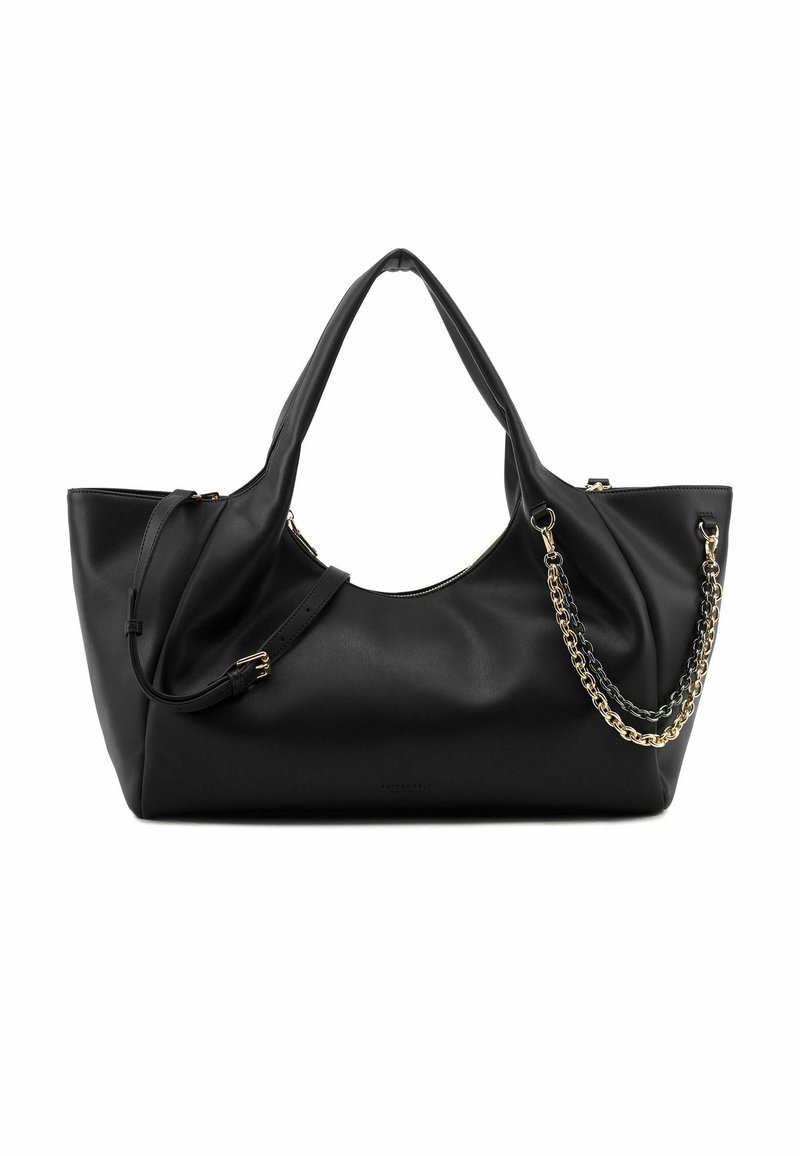 Borsa tote in pelle nera con doppi manici. Presenta una superficie texturizzata, un dettaglio a catena dorata e una chiusura con cerniera per una conservazione sicura.