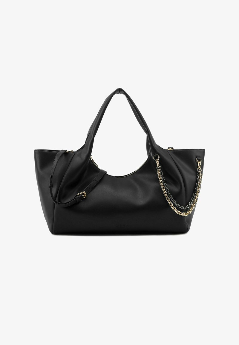 Borsa tote in pelle nera con doppi manici. Presenta una superficie texturizzata, un dettaglio a catena dorata e una chiusura con cerniera per una conservazione sicura.