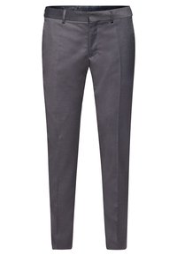 Pantaloni grigi su misura, realizzati in tessuto morbido. Design a gamba dritta con piega frontale e lucentezza sottile. Presentano passanti per cintura e tasche laterali.