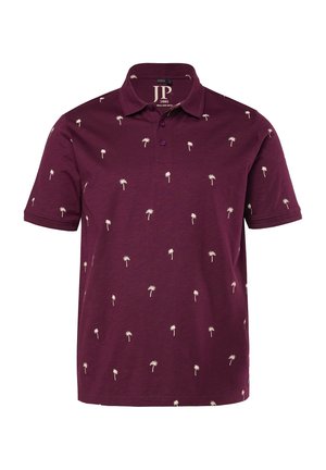 Bordeauxrotes Poloshirt mit kurzen Ärmeln, kleinen weißen Palmenmotiven, Kragen und drei Knöpfen im Halsausschnitt.