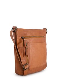 Tan leather crossbody bag with a soft texture, featuring a front zip pocket and adjustable strap. Hardware accents in dark metal.