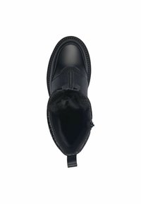 Botte noire mi-mollet en matériau synthétique lisse. Dotée d'une fermeture éclair, d'une doublure intérieure douce et d'un design à bout rond. Semelle texturée.