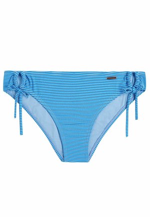 Parte inferior de bikini a rayas azules con lazos laterales. Presenta rayas horizontales en diferentes tonos de azul y una textura suave y ligera.