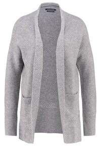 Gray cardigan featuring a relaxed fit, open front, ribbed cuffs and hem, and two front pockets with a textured knit design.