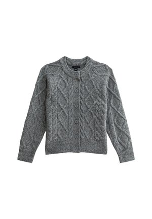 Grauer Strickcardigan mit Zopfmuster, Rundhalsausschnitt und sechs Knopfverschlüssen auf der Vorderseite. Gerippte Bündchen und Saum.