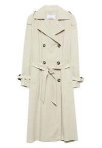 Manteau beige avec un design croisé, grands boutons, ceinture à nouer à la taille et poches latérales. Comprend des épaulettes et des sangles aux poignets.