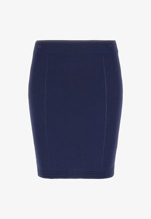 Navyblaue, gerippte Bleistiftk Jeremy5 mit elastischem Bund, die vertikale Linien und ein tailliertes Design aufweist. Glatte Textur mit dezenten Nähten.