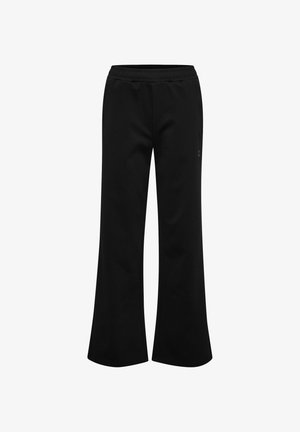 Czarne szerokie spodnie z elastycznym pasem, gładkim materiałem i subtelnym logo na prawej udzie, prezentowane na białym tle.