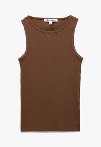 Brun ribbet tanktop med rund halsudskæring, uden ærmer og lige kant. Fremstillet af blødt, strækbart materiale.