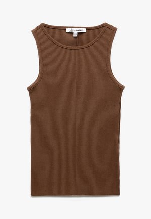 Top in maglina marrone a coste con scollatura tonda, design senza maniche e orlo dritto. Realizzato in materiale morbido ed elastico.