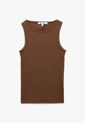 Top in maglina marrone a coste con scollatura tonda, design senza maniche e orlo dritto. Realizzato in materiale morbido ed elastico.