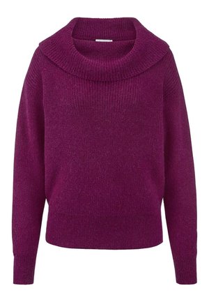 Lila Strickpullover mit langen Ärmeln, weitem umgeschlagenem Kragen und gerippten Bündchen sowie Saum.