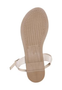 Beige sandalsål med tekstureret greb, ankelrem med spænde og størrelsesnummer 37 præget i bunden.