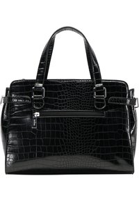 Borsa strutturata nera con motivo a coccodrillo, dotata di doppio manico superiore, hardware in argento e tasca anteriore con zip. Texture liscia e finitura lucida.