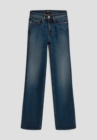 Jeans vaqueros azul oscuro de pierna recta con bolsillos delanteros, cierre de botón y un leve desgaste en los muslos y las rodillas.