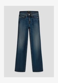 Jeans vaqueros azul oscuro de pierna recta con bolsillos delanteros, cierre de botón y un leve desgaste en los muslos y las rodillas.