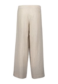 Beżowe lninowe spodnie w szerokim kroju z pionowymi białymi paskami. Posiadają gładką teksturę i jedną tylną kieszeń. Elastyczny pas dla lepszego dopasowania.