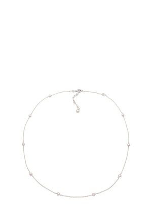 Collier délicat en chaîne d'argent avec de petites perles blanches espacées uniformément et un fermoir réglable avec une perle pendante.