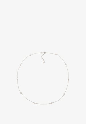 Zarte silberne Halskette mit gleichmäßig verteilten kleinen weißen Perlen und einem verstellbaren Verschluss mit einer hängenden Perle.