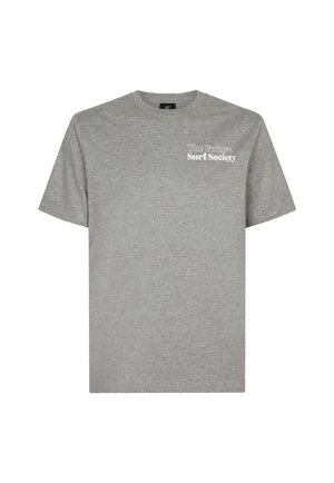 Szara bawełniana koszulka z okrągłym dekoltem i krótkimi rękawami, z białym napisem z przodu: "The Future Surf Society." Miękka, gładka faktura.
