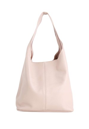 Borsa a tracolla in morbida pelle rosa con una tracolla larga e un design semplice e senza decorazioni.