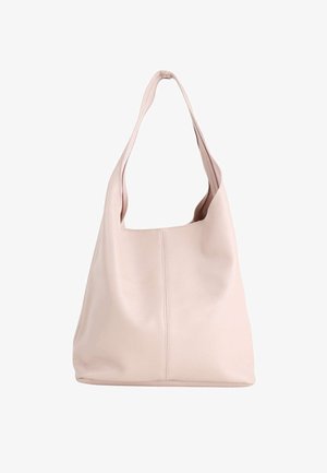 Borsa a tracolla in morbida pelle rosa con una tracolla larga e un design semplice e senza decorazioni.