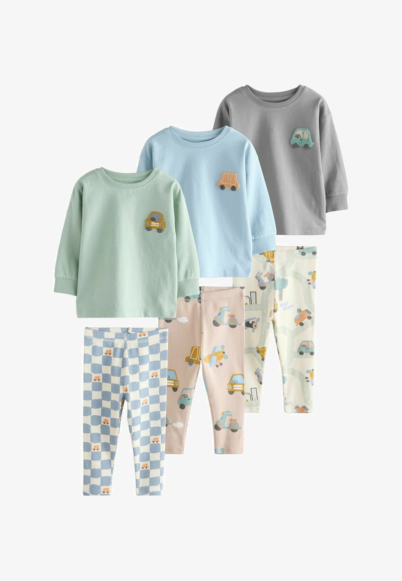 Set of four children's outfits: three long-sleeve shirts in blue, green, and gray, and leggings with car patterns in varied colors and designs.