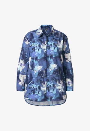 Langärmliges Hemd mit Knopfverschluss, überzogen mit einem abstrakten Muster aus blauen, weißen und lila Farbklecksen sowie Pinselstrichen.