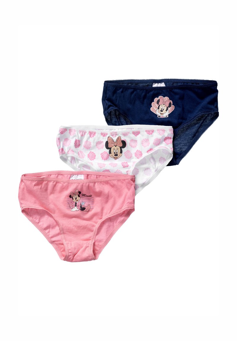 Trzy pary bawełnianych majtek: różowe z nadrukiem, białe z wzorem Myszki Minnie oraz granatowe z grafiką muszli i Myszką Minnie.