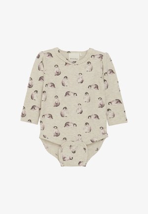 Langärmliger Einteiler in hellem Beige mit lila Pinguinmustern, strukturiertem Stoff und Druckknopfverschluss am Boden. Dekorierter Ausschnitt.