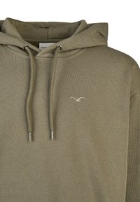 Olive green hoodie made of textured fabric, featuring a drawstring hood and a small, embroidered bird logo on the chest.