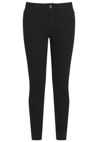Jean skinny en denim noir avec une taille mi-haute, des poches avant et arrière, et une texture lisse, présentant une fermeture à bouton et à glissière.