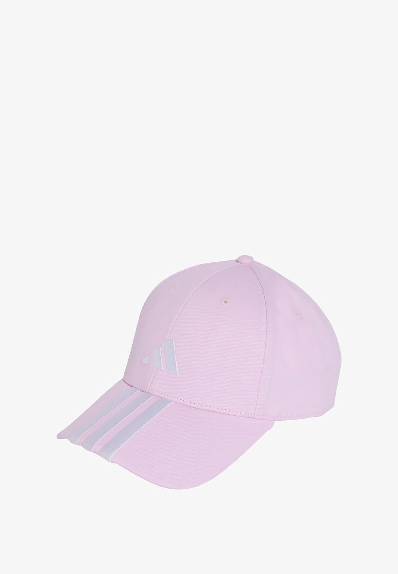 Pink baseball cap made of cotton with a curved brim, featuring three reflective white stripes and logo on the front left side.